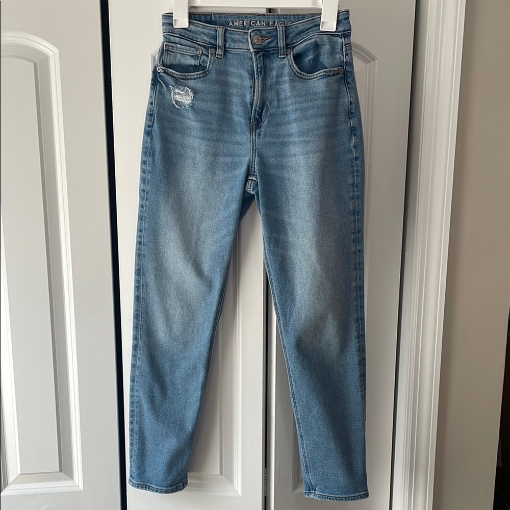 American Eagle Outfitters Blue Mom Jeans with Distressed Details